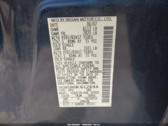 46294697 :رقم المزاد ، 5N1AR18C08C612694 vin ، 2008 Nissan Pathfinder S/le/se مزاد بيع