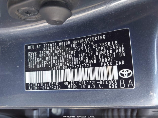 2015 Toyota Corolla Le Plus მანქანა იყიდება აუქციონზე, vin: 5YFBURHE7FP247127, აუქციონის ნომერი: 46294698