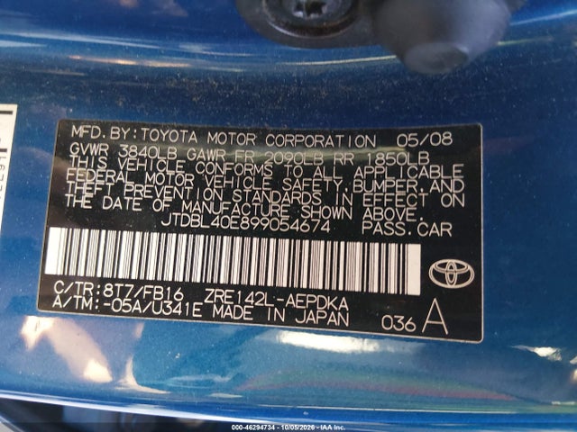 Продаж на аукціоні авто 2009 Toyota Corolla Le, vin: JTDBL40E899054674, номер лоту: 46294734