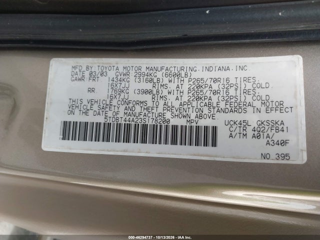 Aukcja sprzedaży 2003 Toyota Sequoia Sr5 V8, vin: 5TDBT44A23S178200, numer aukcji: 46294737