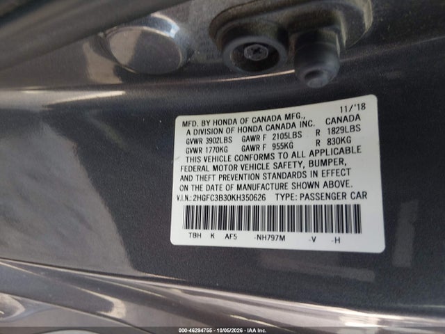 46294755 :رقم المزاد ، 2HGFC3B30KH350626 vin ، 2019 Honda Civic Ex مزاد بيع