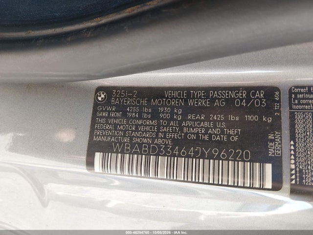 46294760 :رقم المزاد ، WBABD33464JY96220 vin ، 2004 Bmw 325ci مزاد بيع