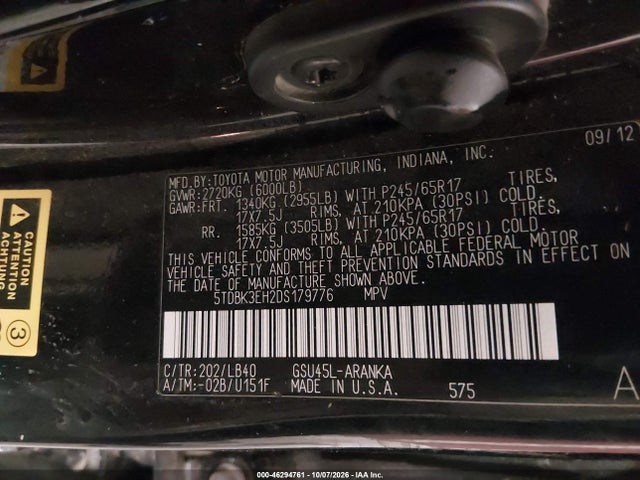 Aukcja sprzedaży 2013 Toyota Highlander Se V6, vin: 5TDBK3EH2DS179776, numer aukcji: 46294761