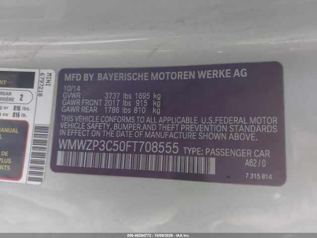 Aukcja sprzedaży 2015 Mini Convertible Cooper S, vin: WMWZP3C50FT708555, numer aukcji: 46294772