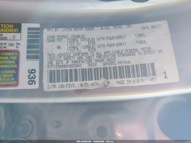 46294786 :رقم المزاد ، 5TFCZ5AN0HX093843 vin ، 2017 Toyota Tacoma Trd Sport مزاد بيع