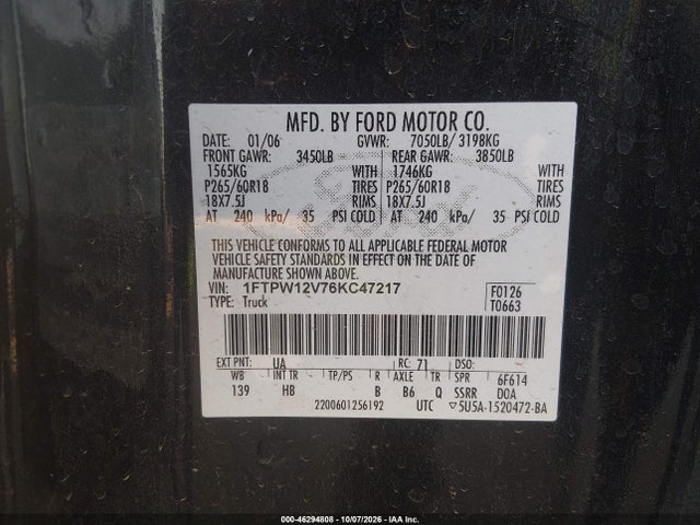 Aukcja sprzedaży 2006 Ford F-150 Lariat/xlt, vin: 1FTPW12V76KC47217, numer aukcji: 46294808