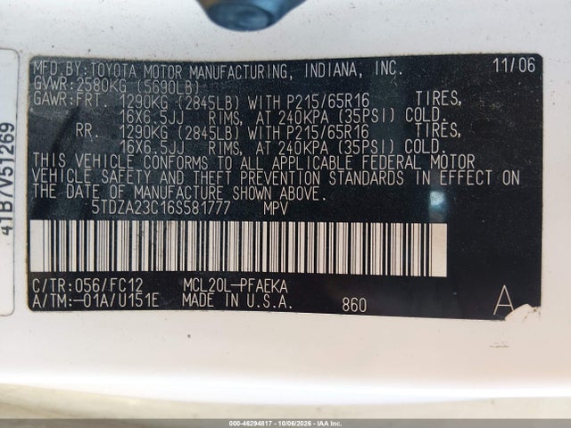46294817 :رقم المزاد ، 5TDZA23C16S581777 vin ، 2006 Toyota Sienna Le مزاد بيع