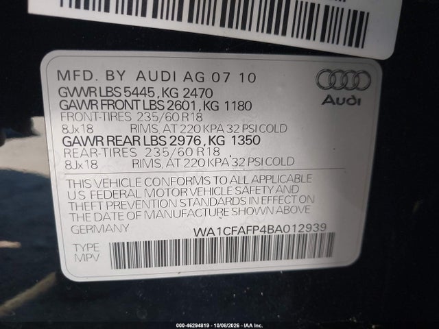 Aukcja sprzedaży 2011 Audi Q5 2.0t Premium, vin: WA1CFAFP4BA012939, numer aukcji: 46294819