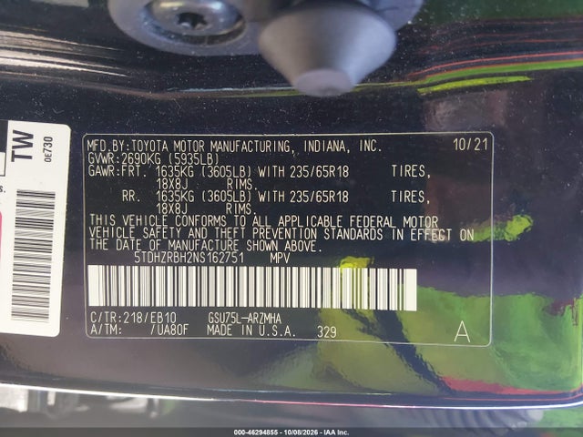 46294855 :رقم المزاد ، 5TDHZRBH2NS162751 vin ، 2022 Toyota Highlander Xle مزاد بيع