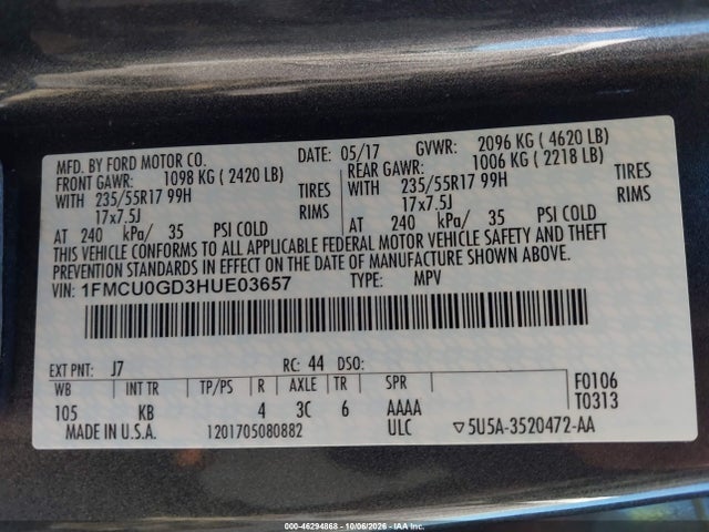 Продаж на аукціоні авто 2017 Ford Escape Se, vin: 1FMCU0GD3HUE03657, номер лоту: 46294868