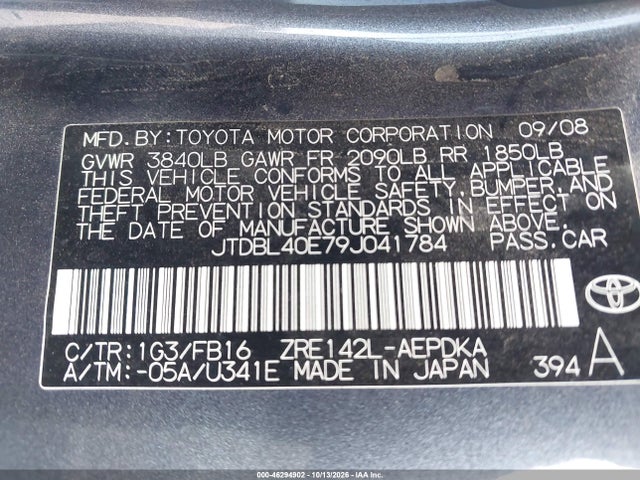 Продаж на аукціоні авто 2009 Toyota Corolla, vin: JTDBL40E79J041784, номер лоту: 46294902