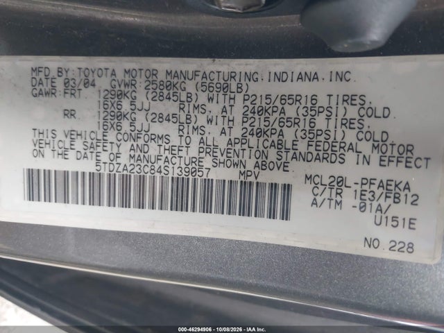 Продаж на аукціоні авто 2004 Toyota Sienna Le, vin: 5TDZA23C84S139057, номер лоту: 46294906