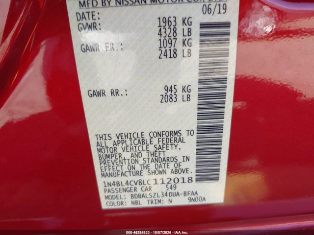 1N4BL4CV8LC112018 Nissan Altima Sr Fwd