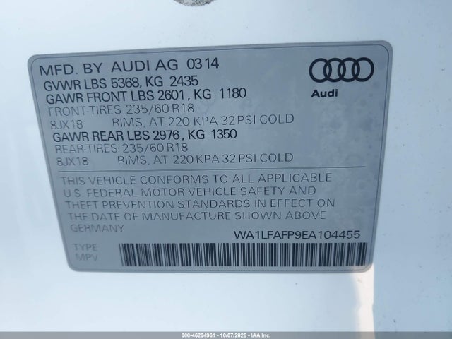 46294961 :رقم المزاد ، WA1LFAFP9EA104455 vin ، 2014 Audi Q5 2.0t Premium مزاد بيع