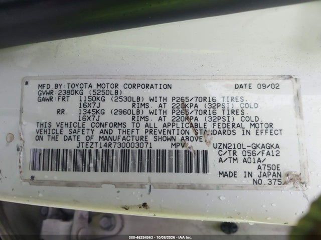 Продаж на аукціоні авто 2003 Toyota 4runner Sr5 V8, vin: JTEZT14R730003071, номер лоту: 46294963