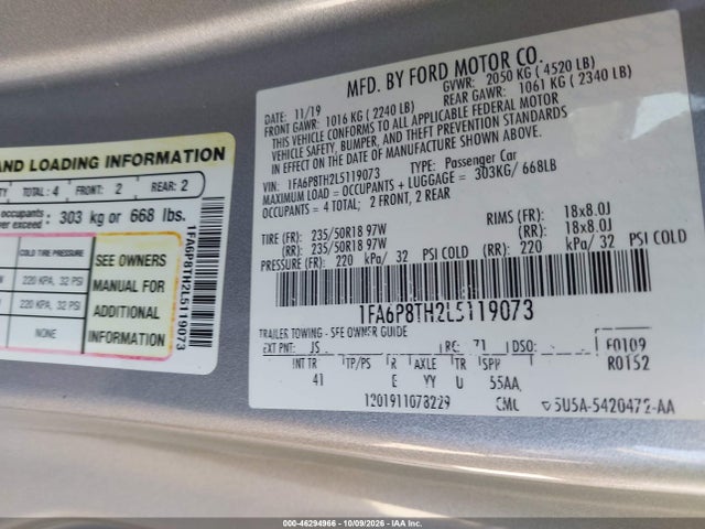 Продаж на аукціоні авто 2020 Ford Mustang Ecoboost Premium Fastback, vin: 1FA6P8TH2L5119073, номер лоту: 46294966