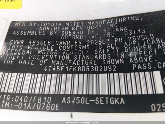 46294990 :رقم المزاد ، 4T4BF1FK8DR302092 vin ، 2013 Toyota Camry Xle مزاد بيع