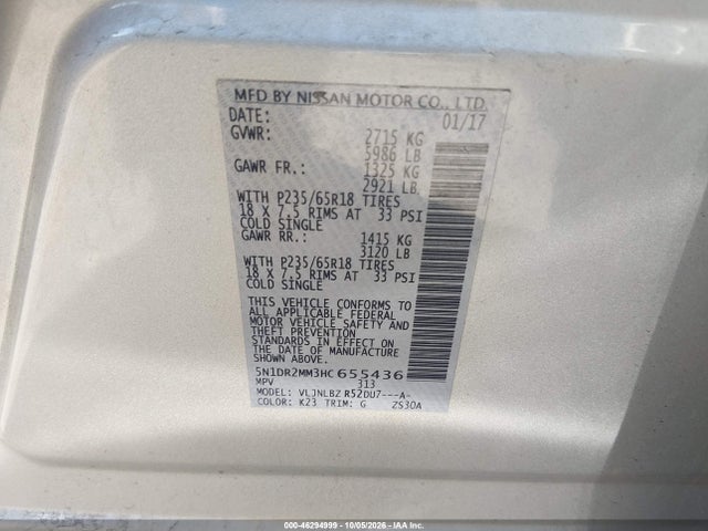 Продаж на аукціоні авто 2017 Nissan Pathfinder S, vin: 5N1DR2MM3HC655436, номер лоту: 46294999