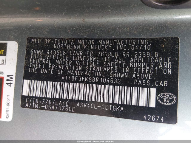 Продажа на аукционе авто 2011 Toyota Camry Xle, vin: 4T4BF3EK9BR104633, номер лота: 46295005