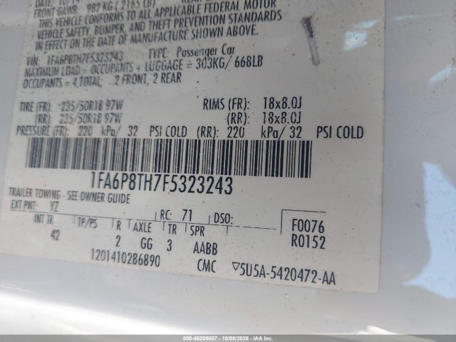 Aukcja sprzedaży 2015 Ford Mustang Ecoboost, vin: 1FA6P8TH7F5323243, numer aukcji: 46295007