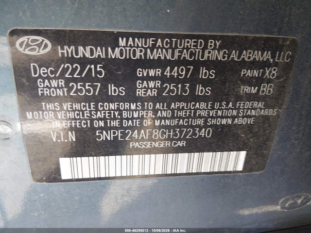 Aukcja sprzedaży 2016 Hyundai Sonata Se, vin: 5NPE24AF8GH372340, numer aukcji: 46295012