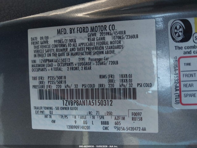 2010 Ford Mustang V6/v6 Premium მანქანა იყიდება აუქციონზე, vin: 1ZVBP8AN1A5150312, აუქციონის ნომერი: 46295030