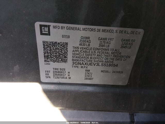 Aukcja sprzedaży 2020 Chevrolet Equinox Awd Lt 1.5l Turbo, vin: 3GNAXUEV3LS518054, numer aukcji: 46295033