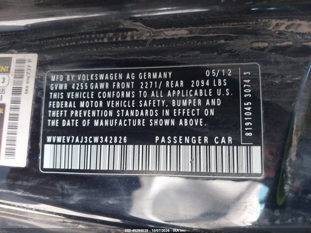 Продажа на аукционе авто 2012 Volkswagen Gti 2-door, vin: WVWEV7AJ3CW342826, номер лота: 46295039