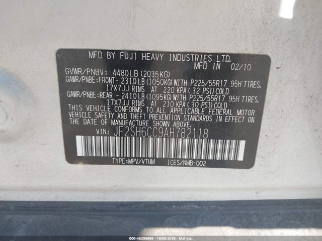 2010 Subaru Forester 2.5x Premium მანქანა იყიდება აუქციონზე, vin: JF2SH6CC9AH782118, აუქციონის ნომერი: 46295068