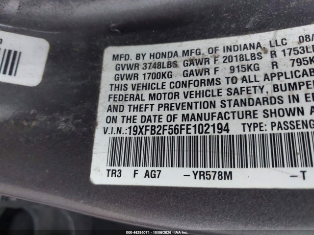Aukcja sprzedaży 2015 Honda Civic Lx, vin: 19XFB2F56FE102194, numer aukcji: 46295071