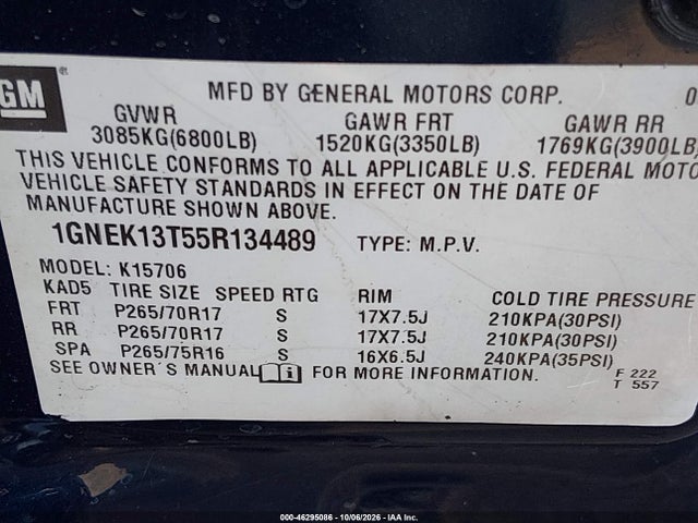 Aukcja sprzedaży 2005 Chevrolet Tahoe Z71, vin: 1GNEK13T55R134489, numer aukcji: 46295086