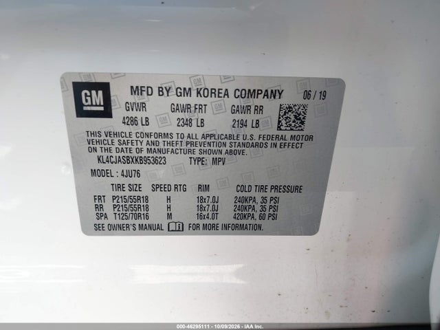 2019 Buick Encore Fwd Preferred მანქანა იყიდება აუქციონზე, vin: KL4CJASBXKB953623, აუქციონის ნომერი: 46295111