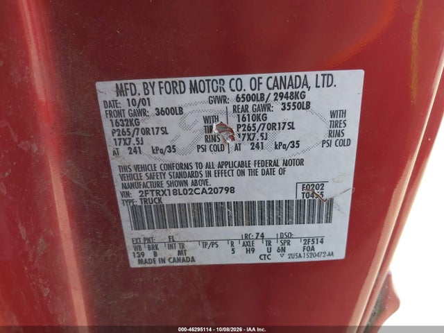 Aukcja sprzedaży 2002 Ford F-150 Lariat/xl/xlt, vin: 2FTRX18L02CA20798, numer aukcji: 46295114