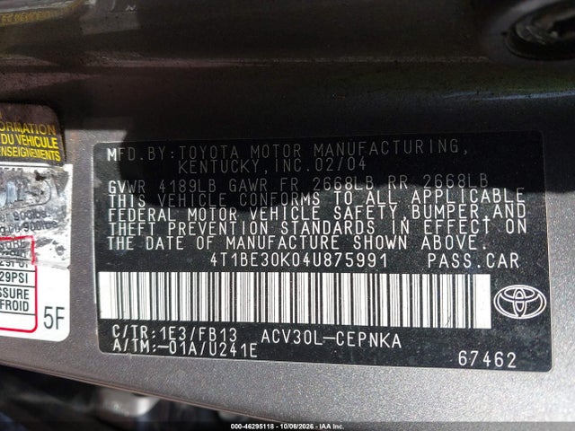 2004 Toyota Camry Le მანქანა იყიდება აუქციონზე, vin: 4T1BE30K04U875991, აუქციონის ნომერი: 46295118