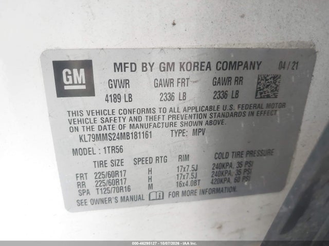 Aukcja sprzedaży 2021 Chevrolet Trailblazer Fwd Ls, vin: KL79MMS24MB181161, numer aukcji: 46295127