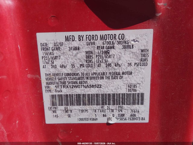 Продаж на аукціоні авто 2007 Ford F-150 Stx/xl/xlt, vin: 1FTRX12W07NA58522, номер лоту: 46295135