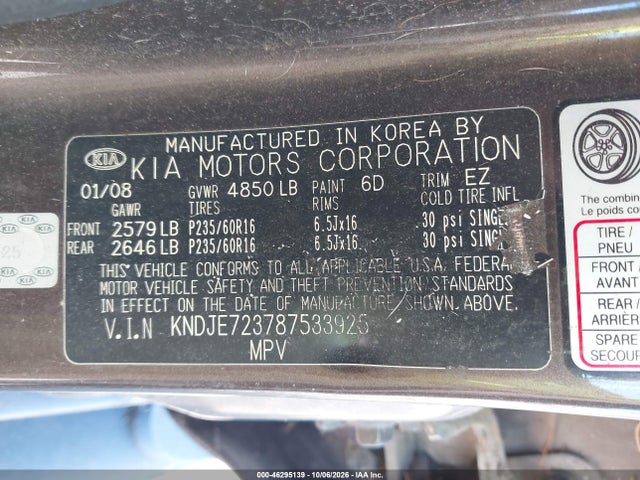 Aukcja sprzedaży 2008 Kia Sportage Lx V6, vin: KNDJE723787533925, numer aukcji: 46295139