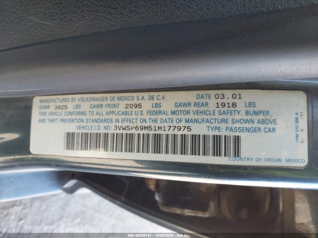 Продажа на аукционе авто 2001 Volkswagen Jetta Gls Tdi, vin: 3VWSP69M51M177975, номер лота: 46295141