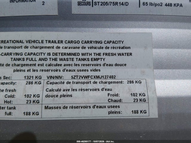 Продажа на аукционе авто 2021 Forest River Viking, vin: 5ZT2VWFCXMJ127402, номер лота: 46295177