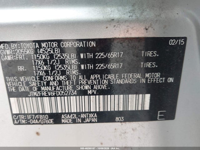 46295187 :رقم المزاد ، JTMZFREV6FD052734 vin ، 2015 Toyota Rav4 Le مزاد بيع
