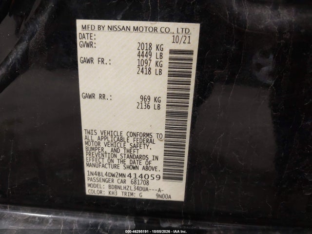 Продаж на аукціоні авто 2021 Nissan Altima Sv Intelligent Awd, vin: 1N4BL4DW2MN414059, номер лоту: 46295191