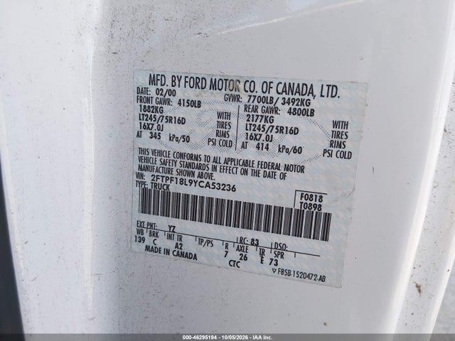 Aukcja sprzedaży 2000 Ford F-150 Work Series/xl/xlt, vin: 2FTPF18L9YCA53236, numer aukcji: 46295194