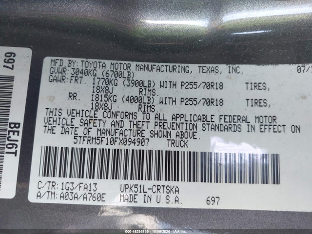 Aukcja sprzedaży 2015 Toyota Tundra Sr 4.6l V8, vin: 5TFRM5F10FX094907, numer aukcji: 46295195