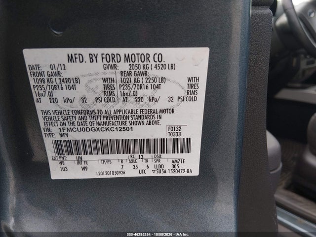 Продаж на аукціоні авто 2012 Ford Escape Xlt, vin: 1FMCU0DGXCKC12501, номер лоту: 46295254