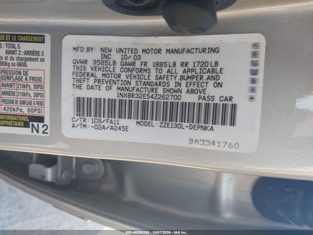 Aukcja sprzedaży 2004 Toyota Corolla Le, vin: 1NXBR32E54Z262700, numer aukcji: 46295280