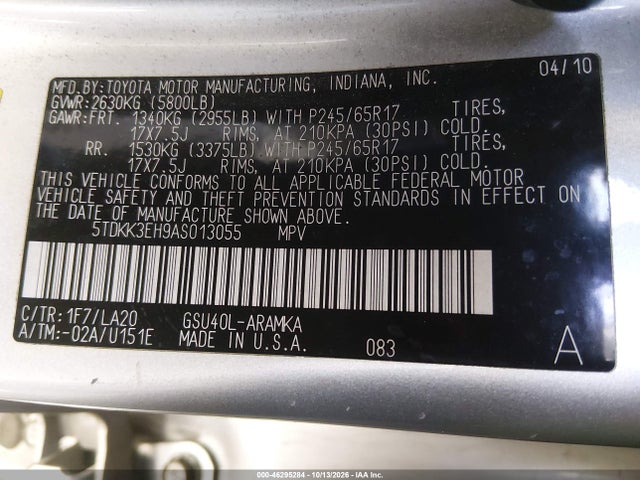 46295284 :رقم المزاد ، 5TDKK3EH9AS013055 vin ، 2010 Toyota Highlander Se V6 مزاد بيع