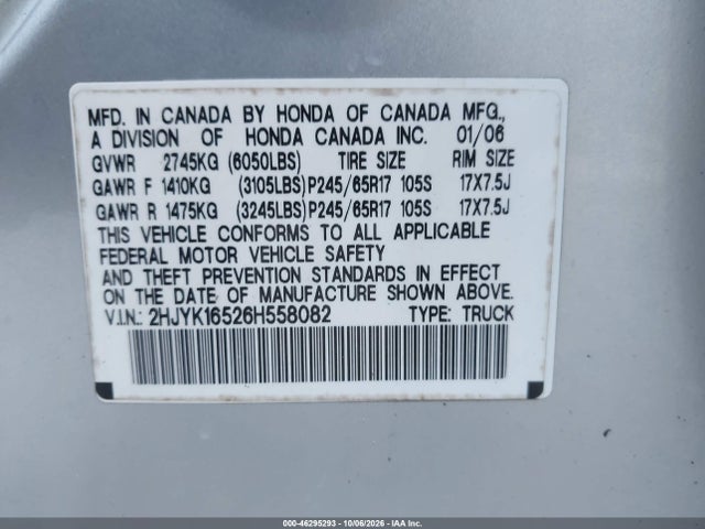 Aukcja sprzedaży 2006 Honda Ridgeline Rtl, vin: 2HJYK16526H558082, numer aukcji: 46295293