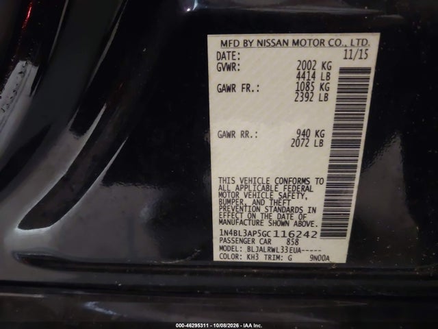 Продаж на аукціоні авто 2016 Nissan Altima 3.5 Sl/3.5 Sr, vin: 1N4BL3AP5GC116242, номер лоту: 46295311
