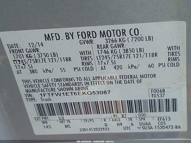 Продажа на аукционе авто 2014 Ford F-150 Xlt, vin: 1FTFW1ET6EKG53087, номер лота: 46295325