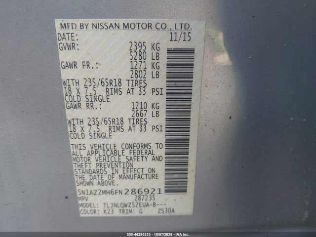 2015 Nissan Murano Sv მანქანა იყიდება აუქციონზე, vin: 5N1AZ2MH6FN286921, აუქციონის ნომერი: 46295333